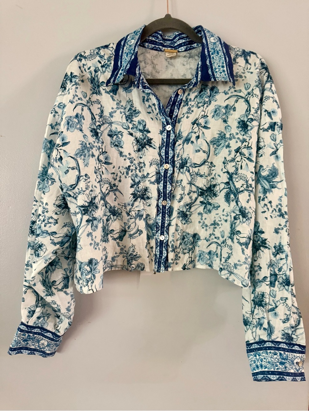 Magaschoni 100% Linen Cropped Blouse Blue White Floral Toile Boho Shirt XL